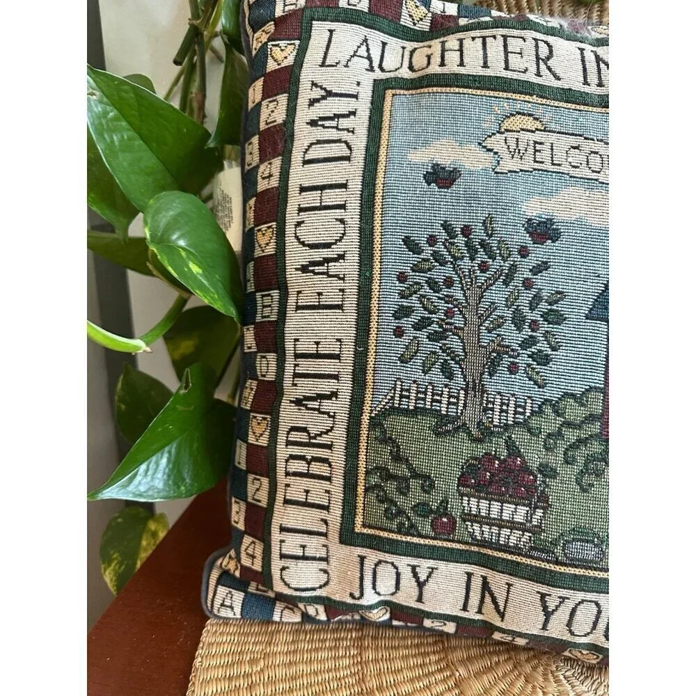 Vintage welcome, friends embroidered throw pillow